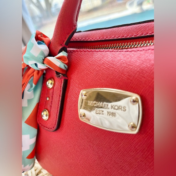 Michael Kors Saffiano Leather Satchel with Crossbody Strap in Orange Red - Picture 8 of 14